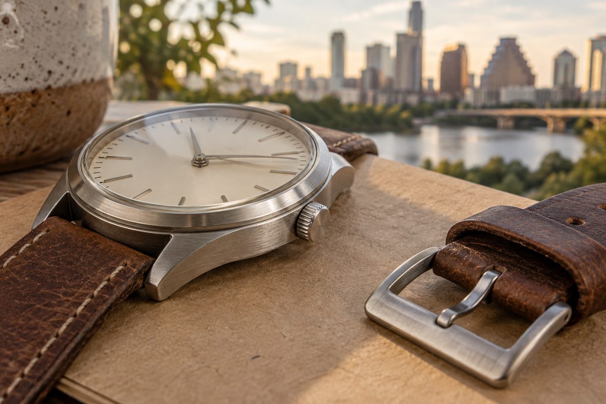 Two neutral leather strap halves laid parallel on a dark linen swatch