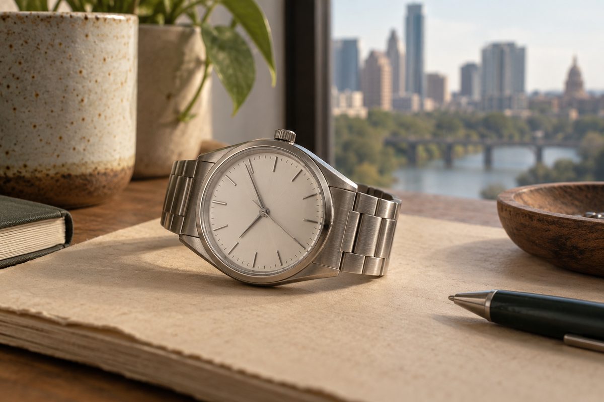 Rust leather strap curved over a wooden cylinder with its contrasting edge visible