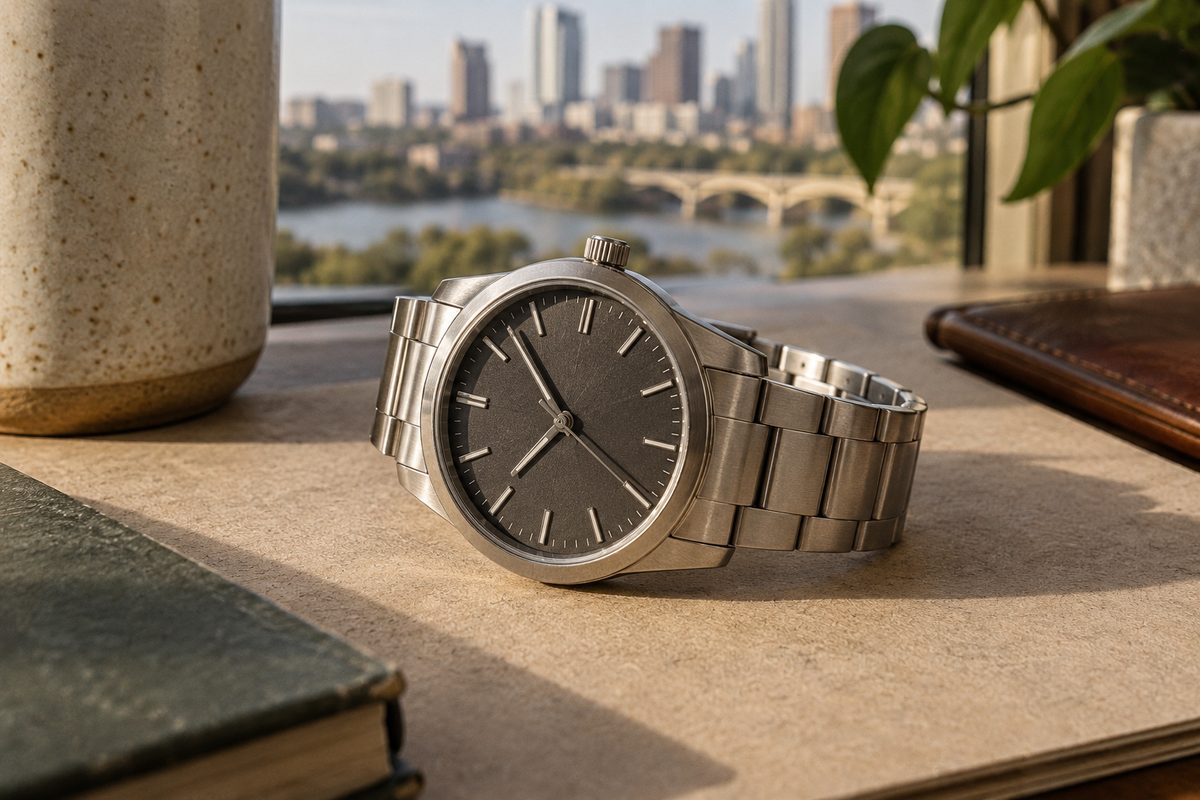 Arc 40 watch with a brushed steel case and graphite dial