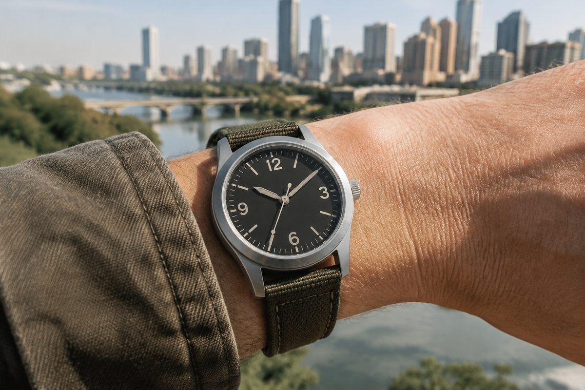 Civic 42 watch worn with a heavy cotton cuff