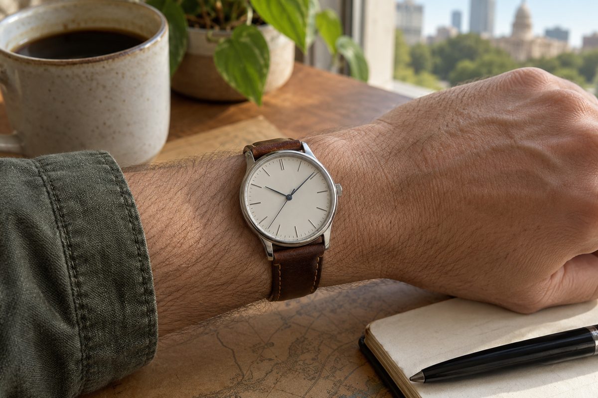 Everyday watch worn on a wrist in soft window light