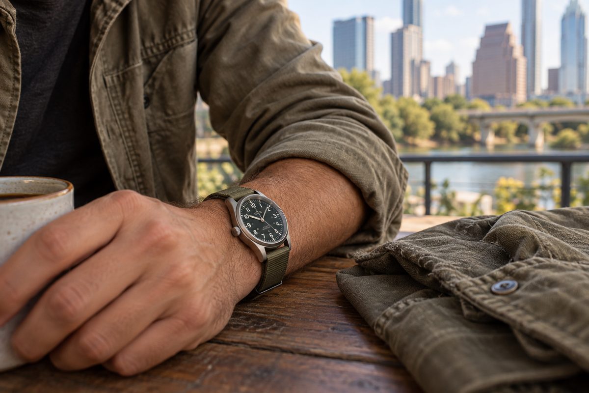 Field 38 watch worn beside a canvas overshirt