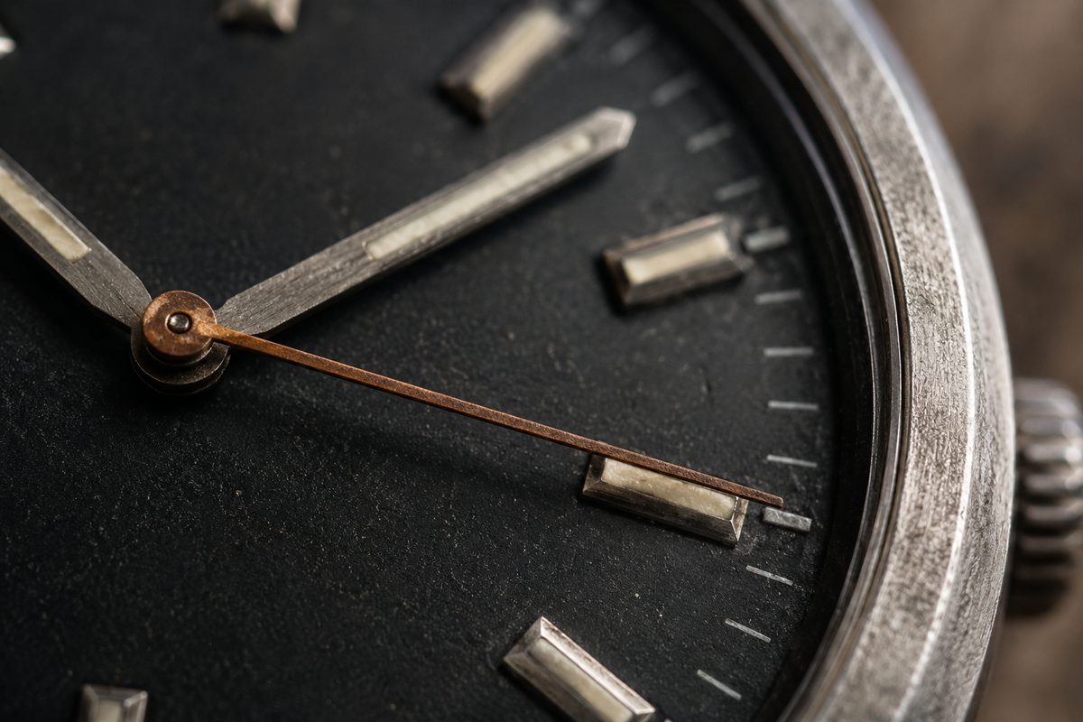 Rust seconds detail on the Nocturne 39 dark dial